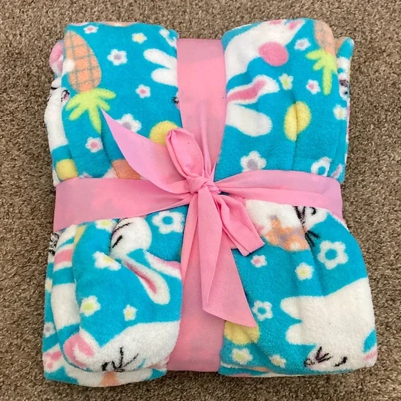 Holiday Home Microplush Bunny Throw Blanket - Blue and Pink - Picture 3 of 3